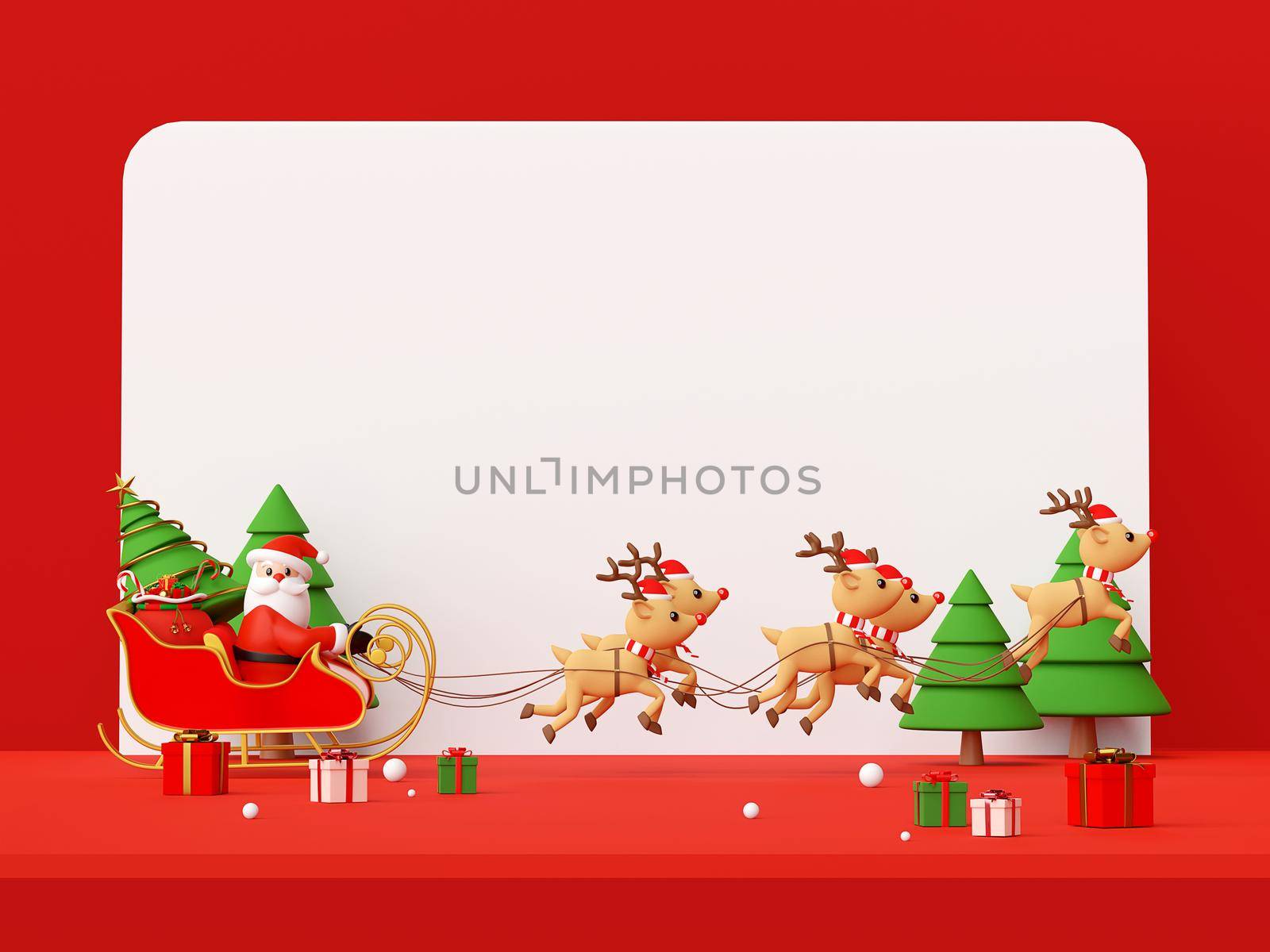 Merry Christmas and Happy New Year, Christmas red scene of Santa Claus on a sleigh full of Christmas gifts and pulled by reindeer, 3d rendering
