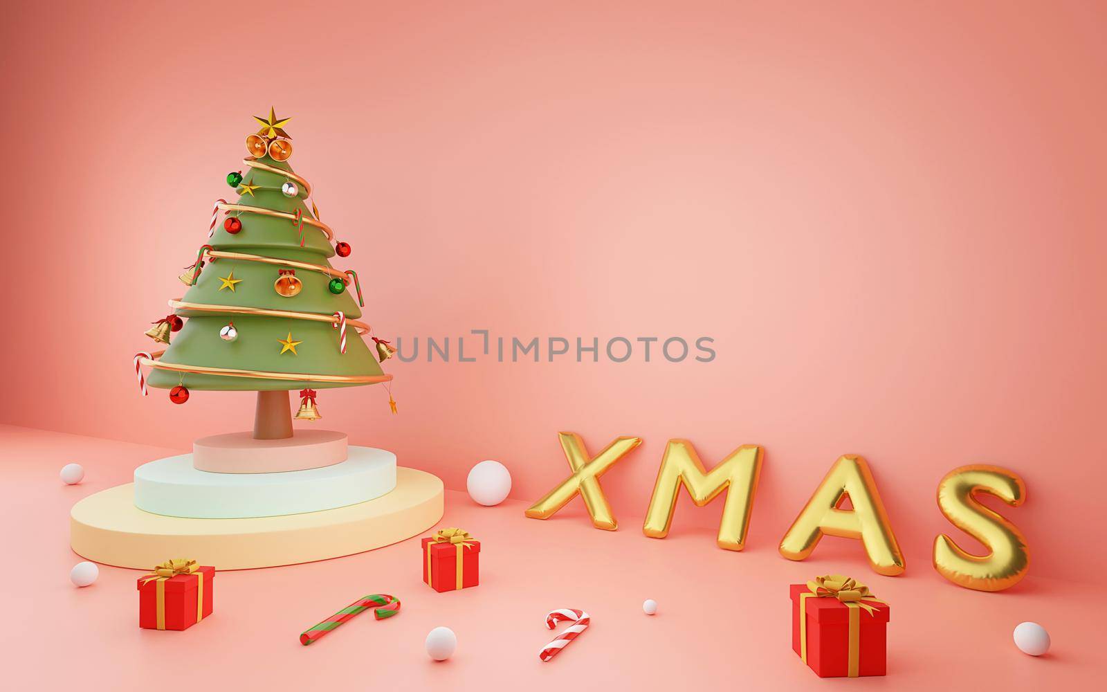 Merry Christmas and Happy New Year, Christmas tree on podium with XMAS balloon and Christmas ornaments on a pink background, 3d rendering by nutzchotwarut
