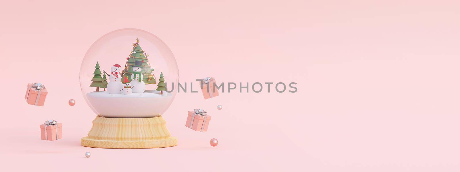 Merry Christmas and Happy New Year, Scene of Christmas gifts and Snowman with Christmas tree in a snow globe, 3d rendering by nutzchotwarut