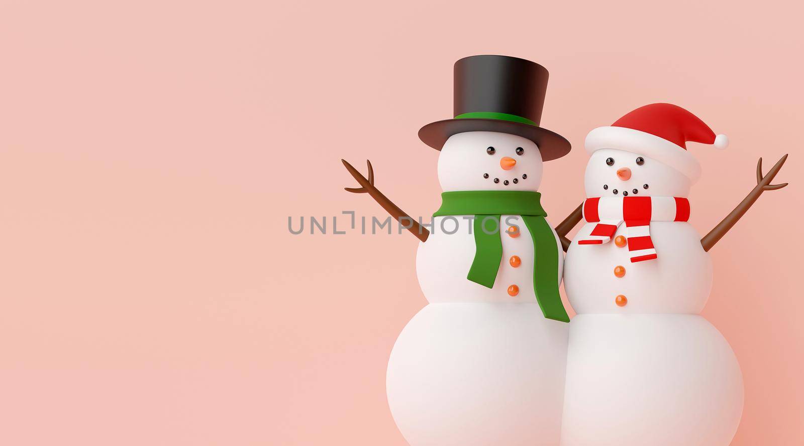 Merry Christmas and Happy New Year, Couple of snowman on a pink background with copy space, 3d rendering by nutzchotwarut