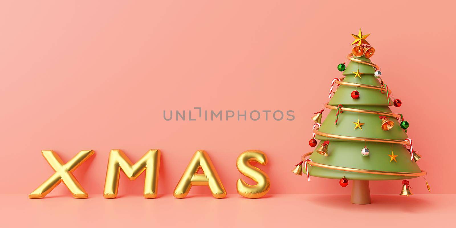 Christmas banner background, Christmas tree with golden XMAS balloon on a pink background, Merry Christmas and Happy New Year, 3d rendering
