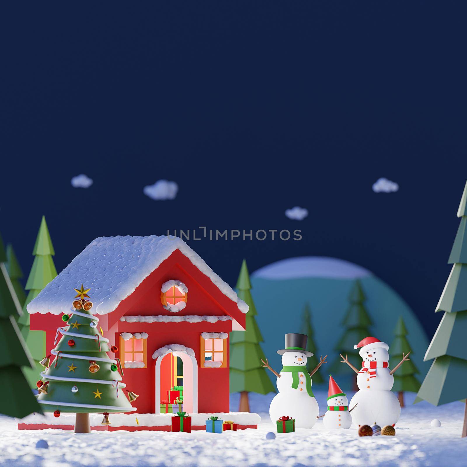Merry Christmas and Happy New Year, Landscape of Snowman playing snow outside the red house in a pine forest at the midnight, Copy space, 3d rendering by nutzchotwarut