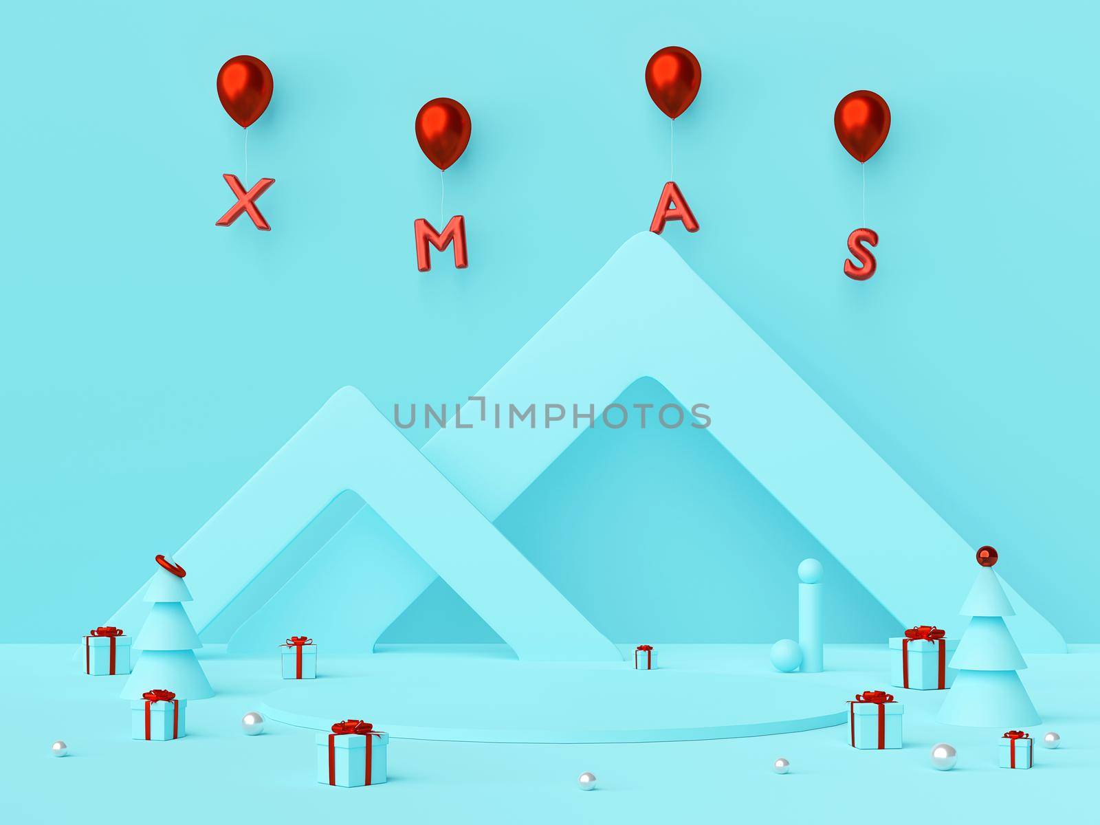 Merry Christmas and Happy New Year, Scene of Empty podium for your product with Christmas gifts and red XMAS balloon, 3d rendering by nutzchotwarut