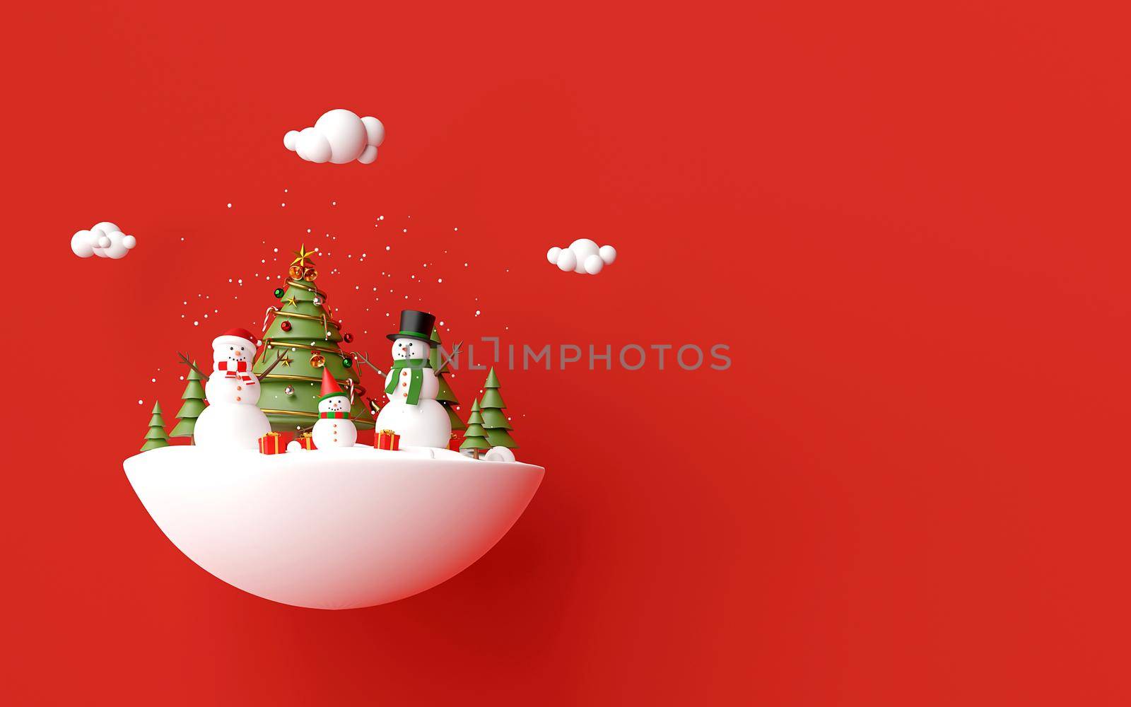 Merry Christmas and Happy New Year, Snowman celebrate Christmas day with Christmas gifts on a red background, 3d rendering
