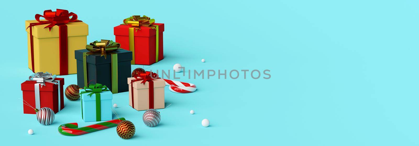 Christmas banner background of Christmas gifts and decoration, 3d rendering