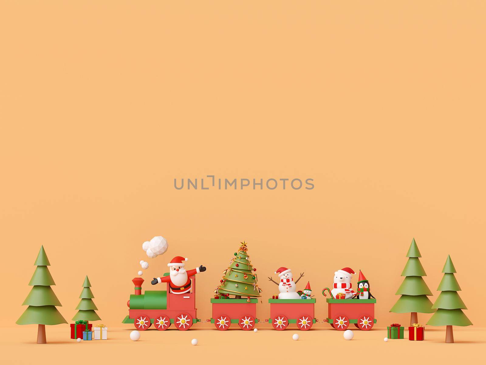 Merry Christmas and Happy New Year, Santa Claus and Snowman on Christmas train with gifts with copy space, 3d rendering