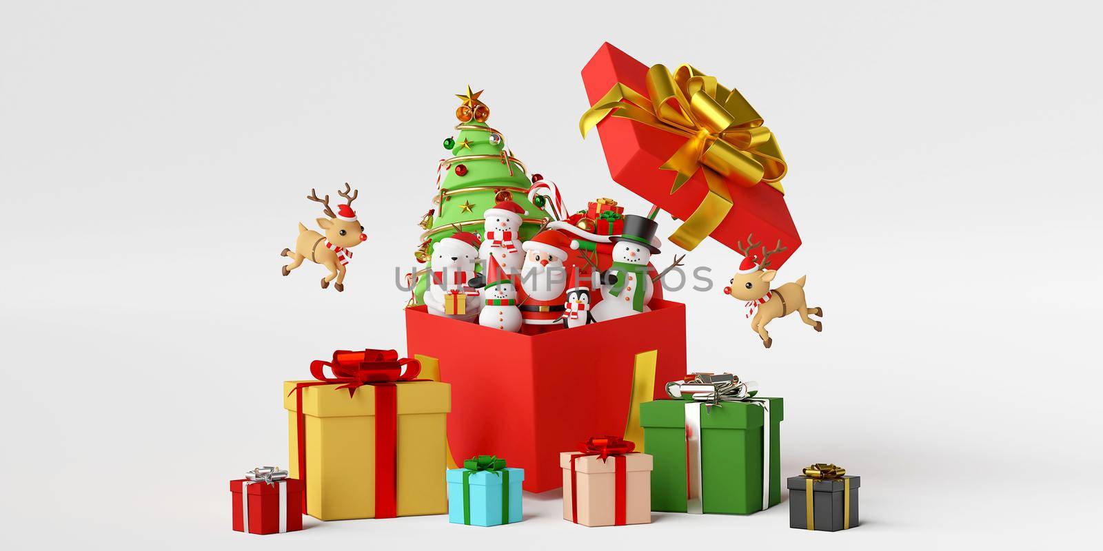 Merry Christmas and Happy New Year, Scene of Christmas celebration with Santa Claus and friends with big gift box, 3d rendering by nutzchotwarut