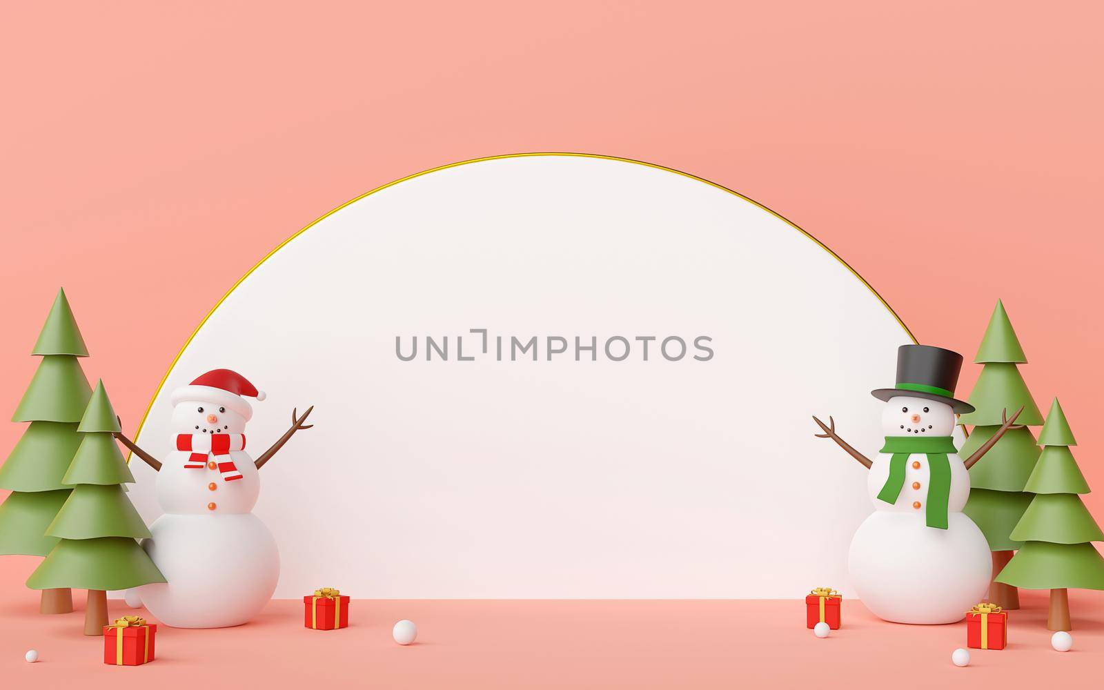 Merry Christmas and Happy New Year, Scene of snowman and Christmas gifts with white blank space on a blue background, 3d rendering