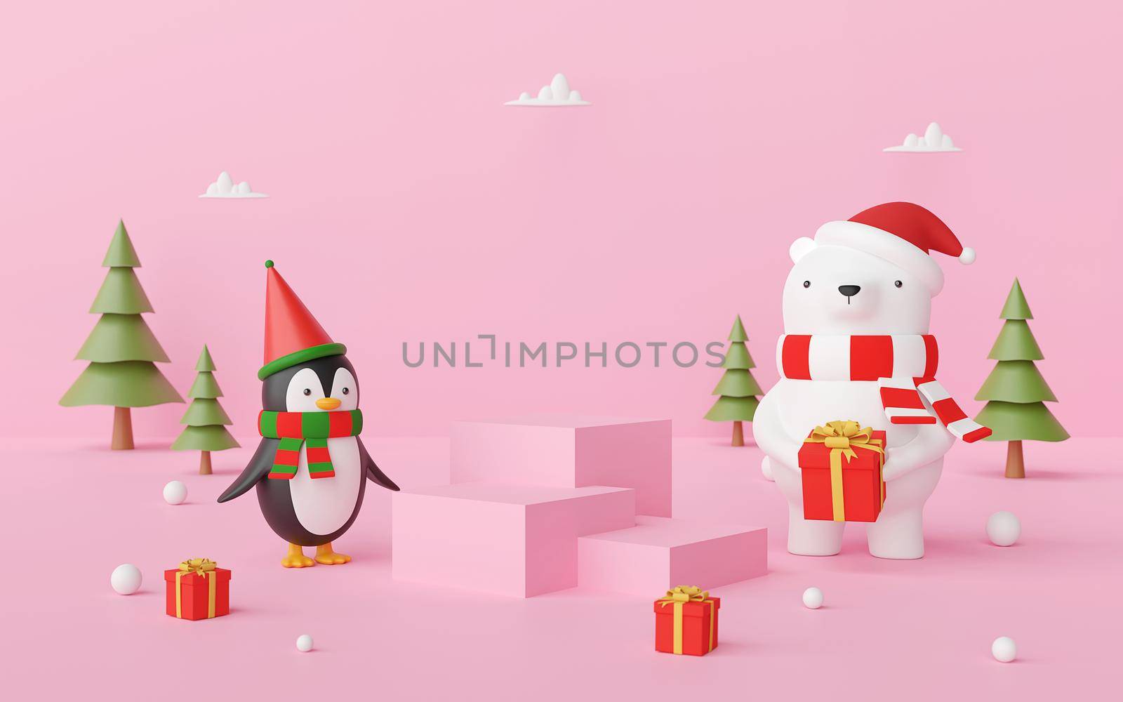 Merry Christmas and Happy New Year, Scene of Christmas podium with bear and penguin on a pink background, 3d rendering by nutzchotwarut
