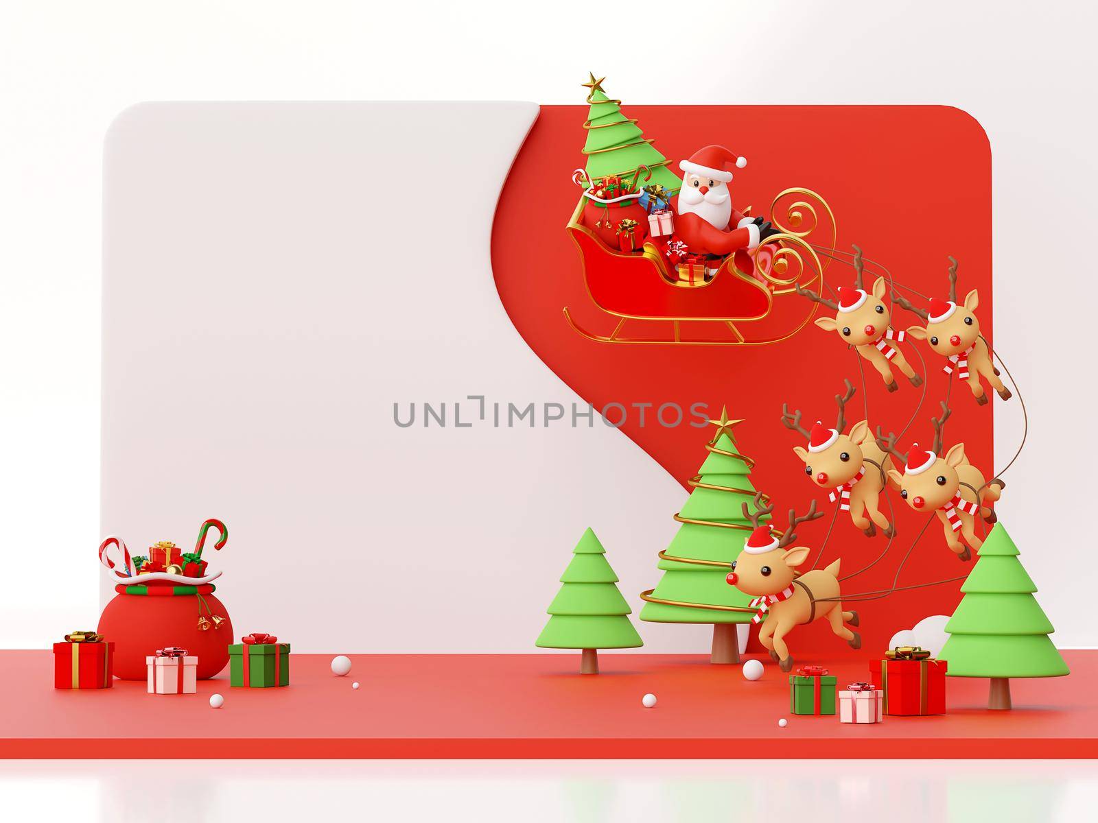 Scene of Santa Claus on a sleigh full of Christmas gifts and pulled by reindeer, 3d rendering by nutzchotwarut