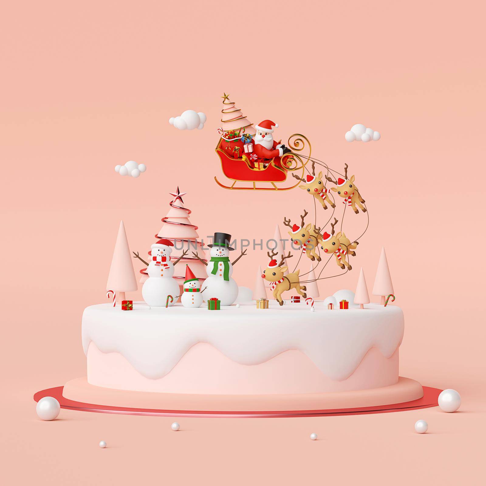 Scene of Santa Claus on a sleigh full of Christmas gifts and pulled by reindeer with snowman, 3d rendering