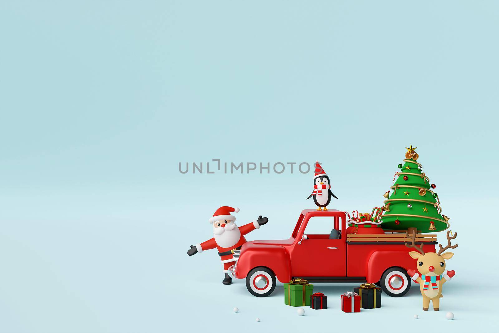 Merry Christmas and Happy New Year, Christmas celebration background with Christmas truck and Santa Claus , 3d rendering
