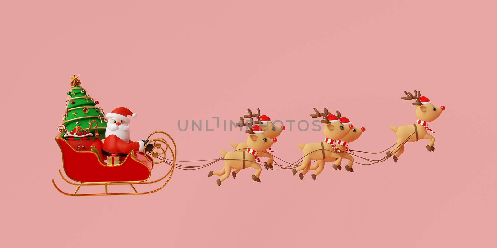 Merry Christmas and Happy New Year, Santa Claus on a sleigh full of Christmas gifts and pulled by reindeer, 3d rendering by nutzchotwarut