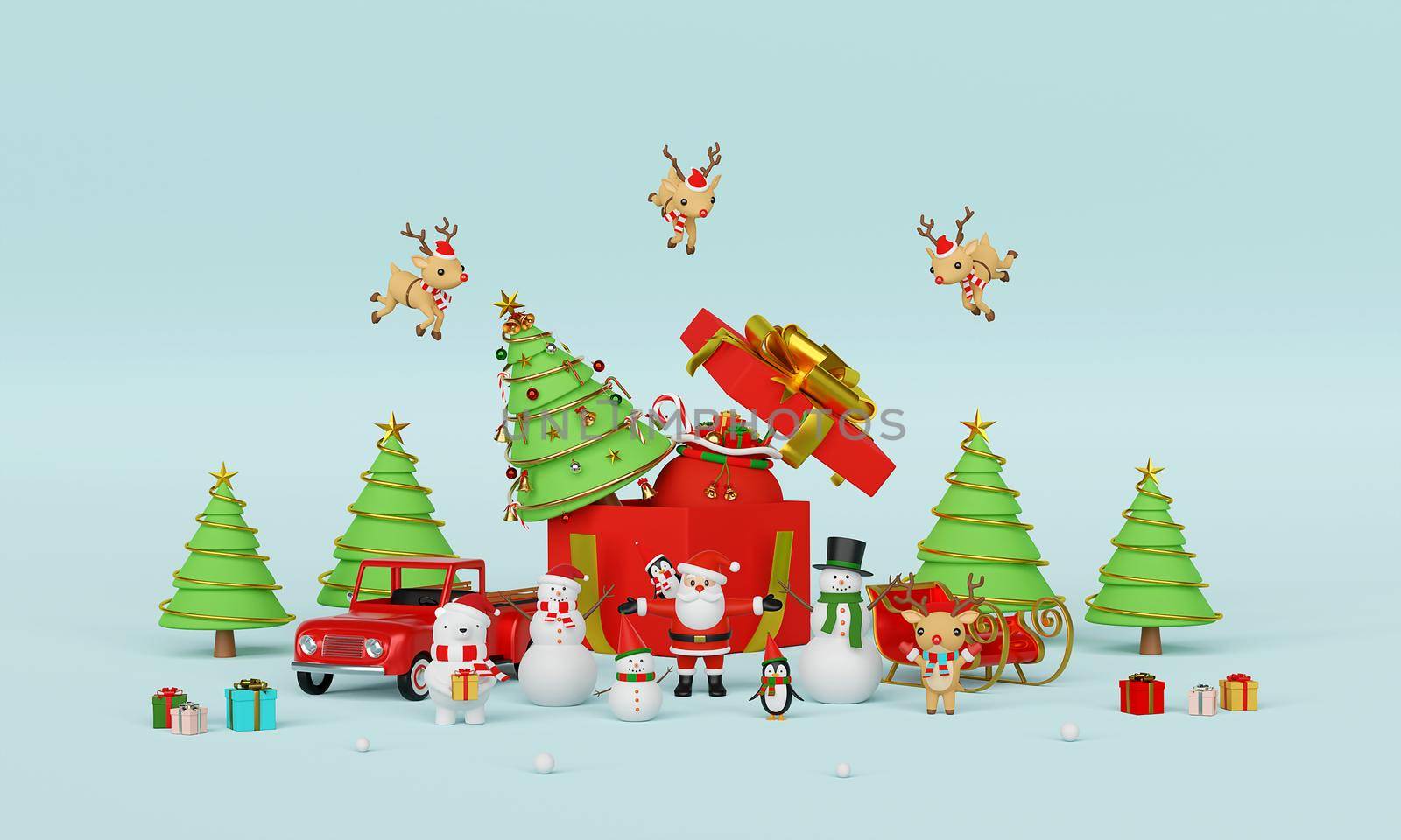 Merry Christmas and Happy New Year, Scene of Christmas celebration with Santa Claus and friends with big gift box, 3d rendering by nutzchotwarut