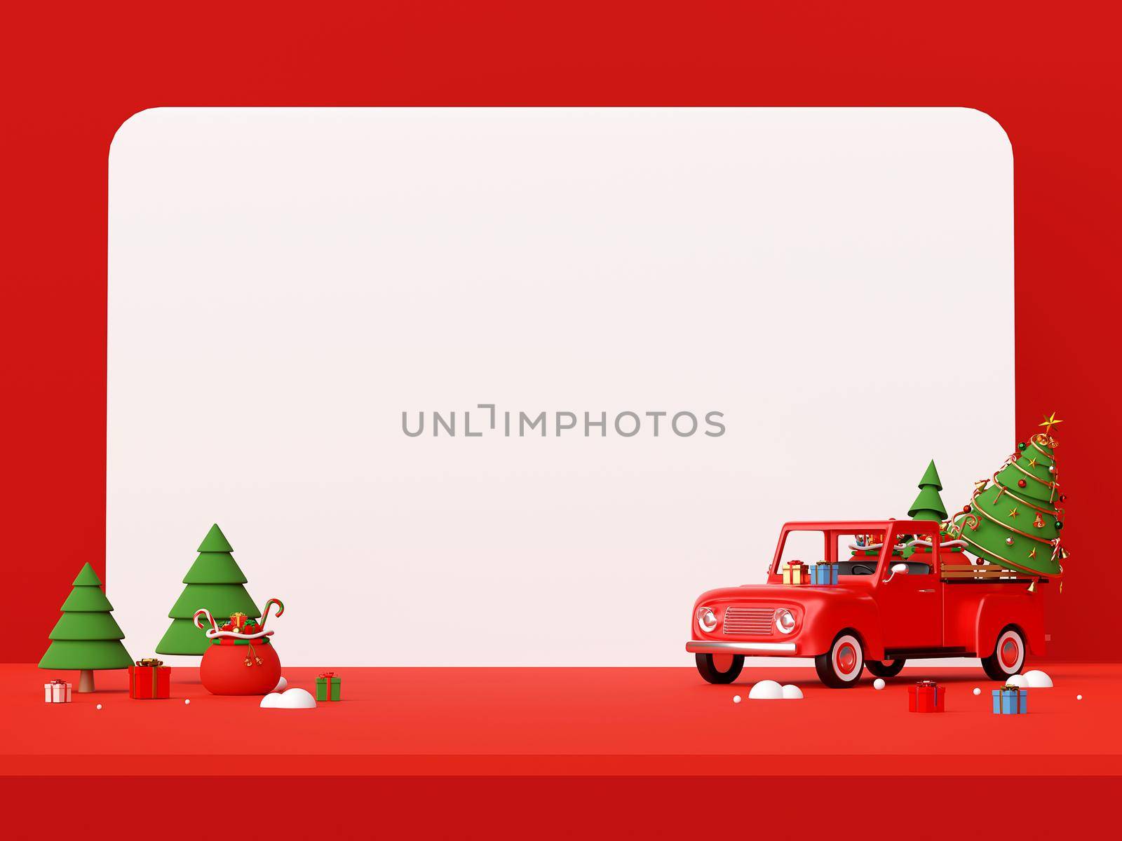 Merry Christmas and Happy New Year, Scene of Christmas truck full of Christmas gifts and Christmas tree behind the truck with copy space, 3d rendering