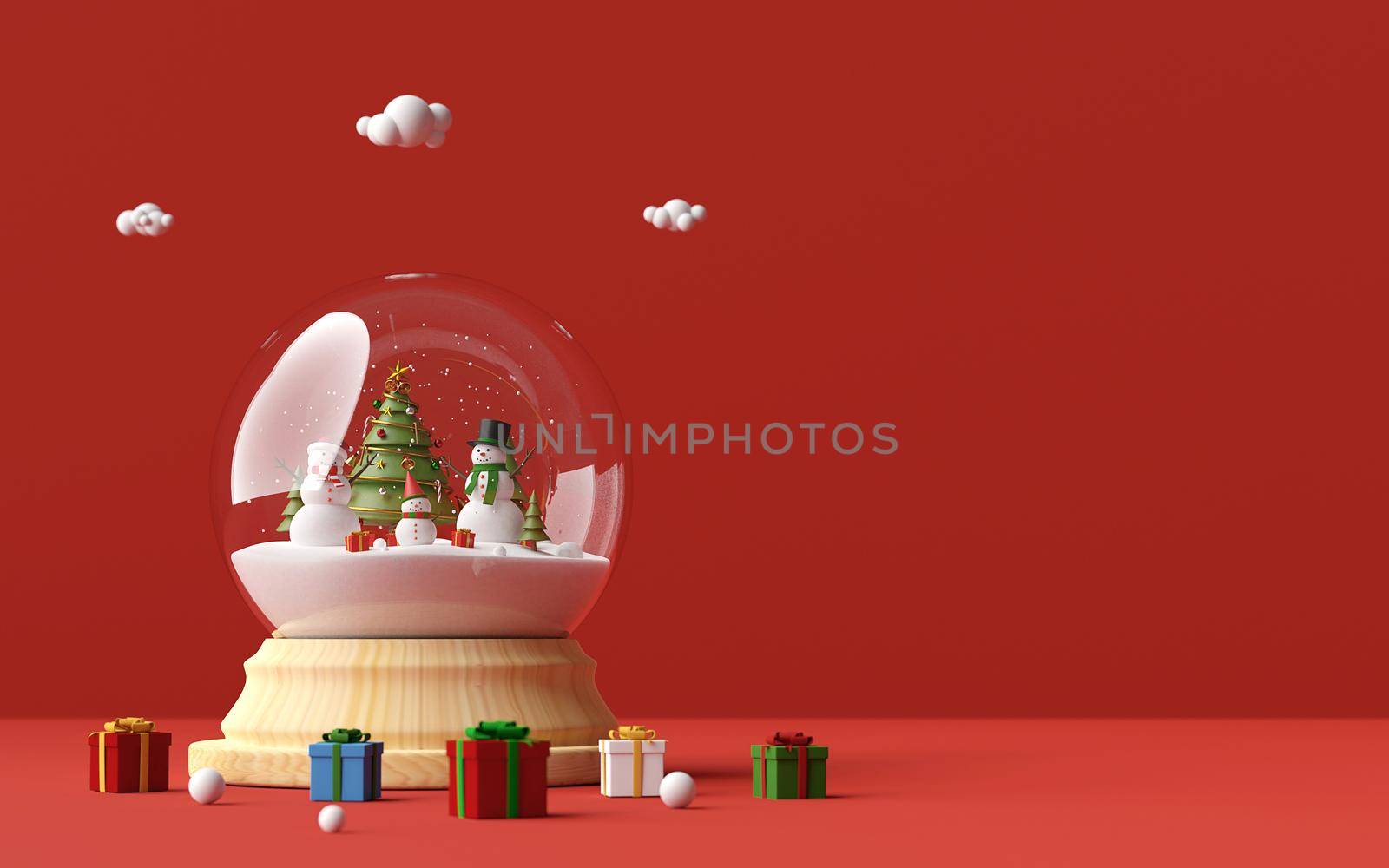 Merry Christmas and Happy New Year, Snowman celebrate Christmas day in a snow globe and Christmas gifts on a red background, 3d rendering by nutzchotwarut