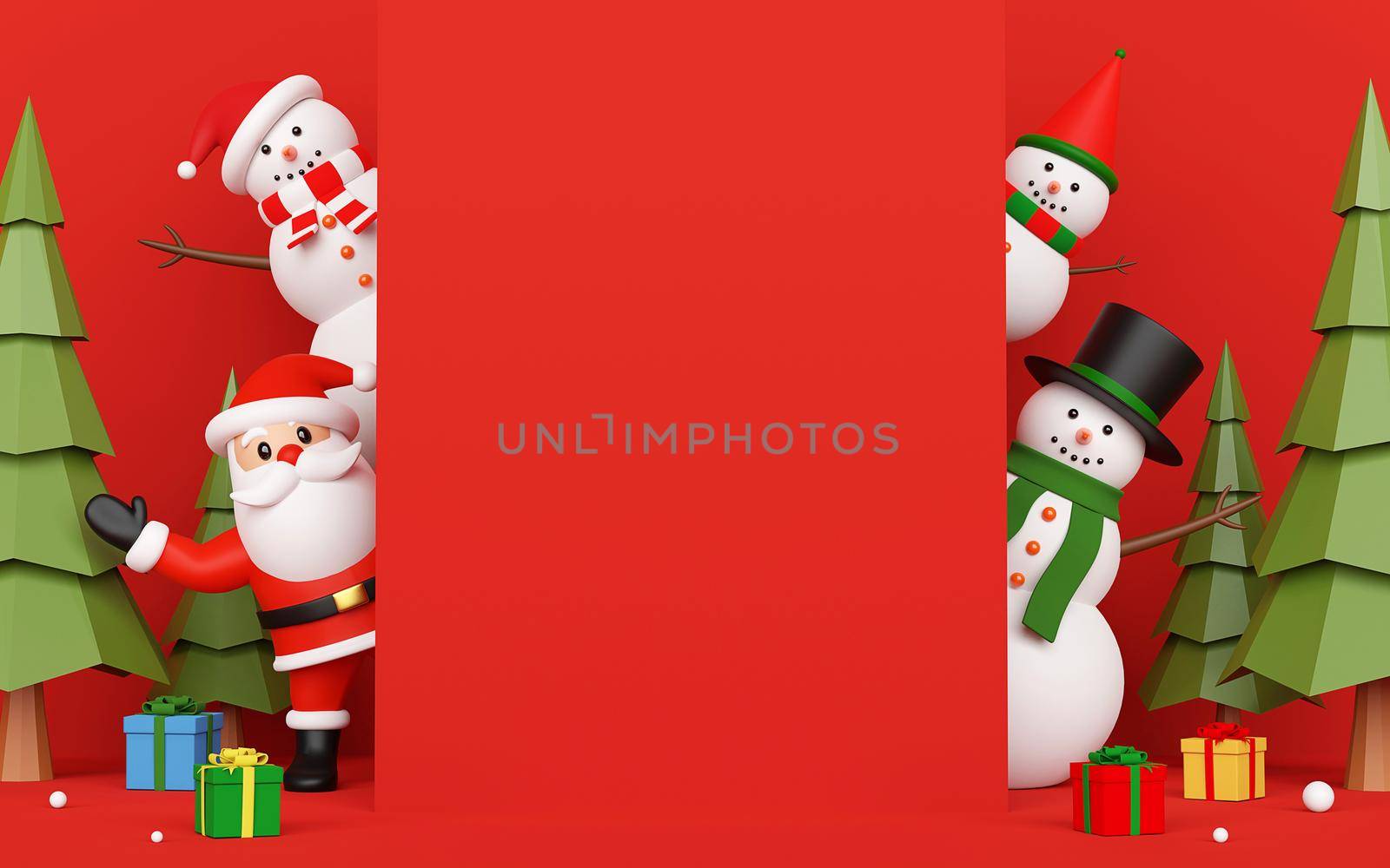 Merry Christmas and Happy New Year, Santa Claus and Snowman on card invitation with copy space in the middle, 3d rendering by nutzchotwarut