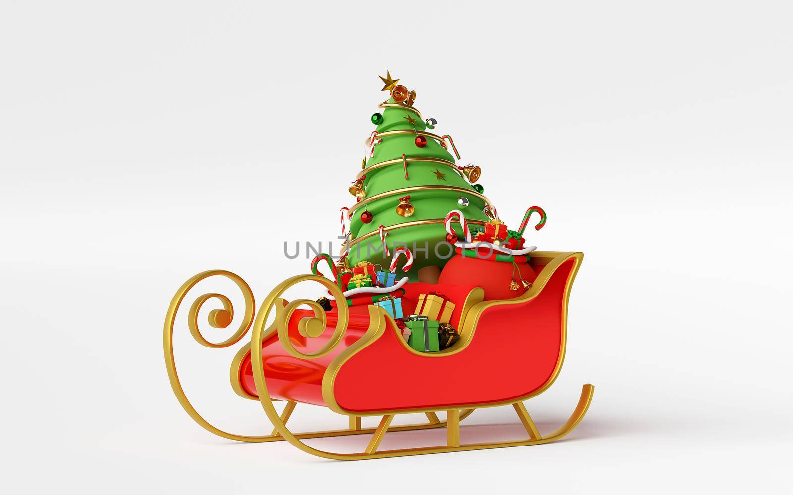 Scene of Sleigh full of Christmas gifts and Christmas tree, 3d rendering