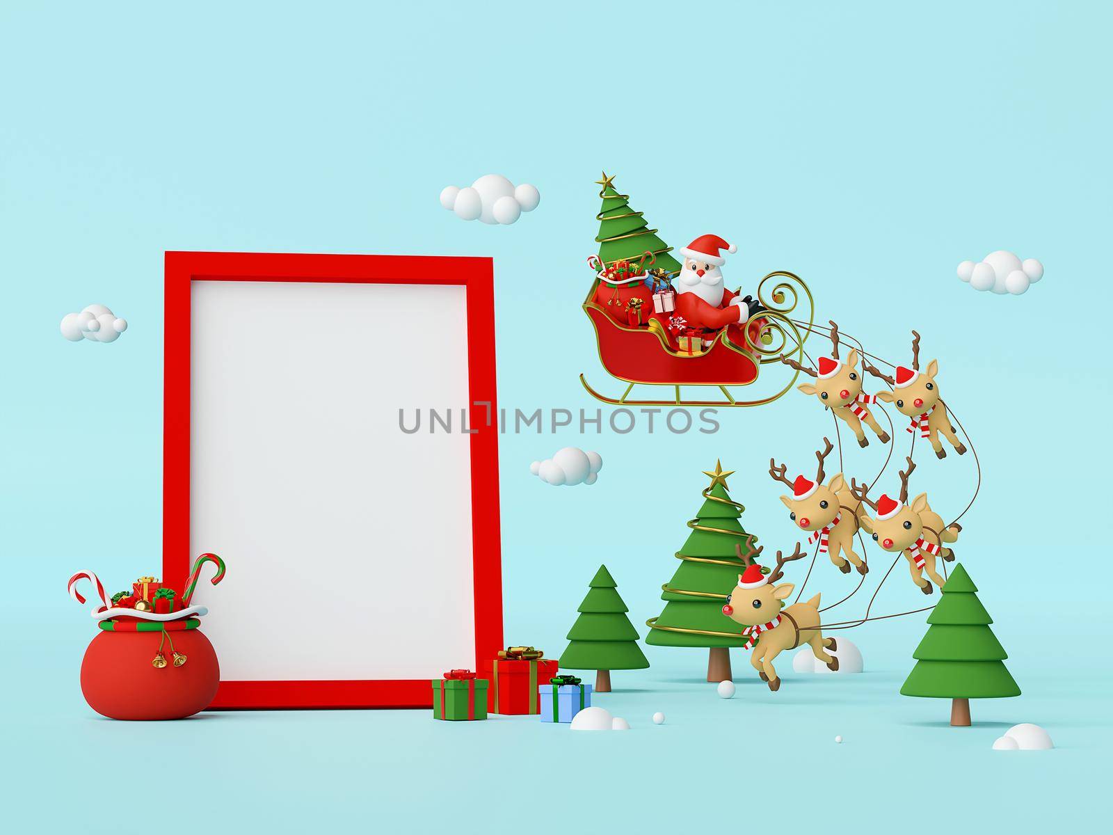 Scene of Santa Claus on a sleigh full of Christmas gifts and pulled by reindeer with blank space in frame, 3d rendering by nutzchotwarut