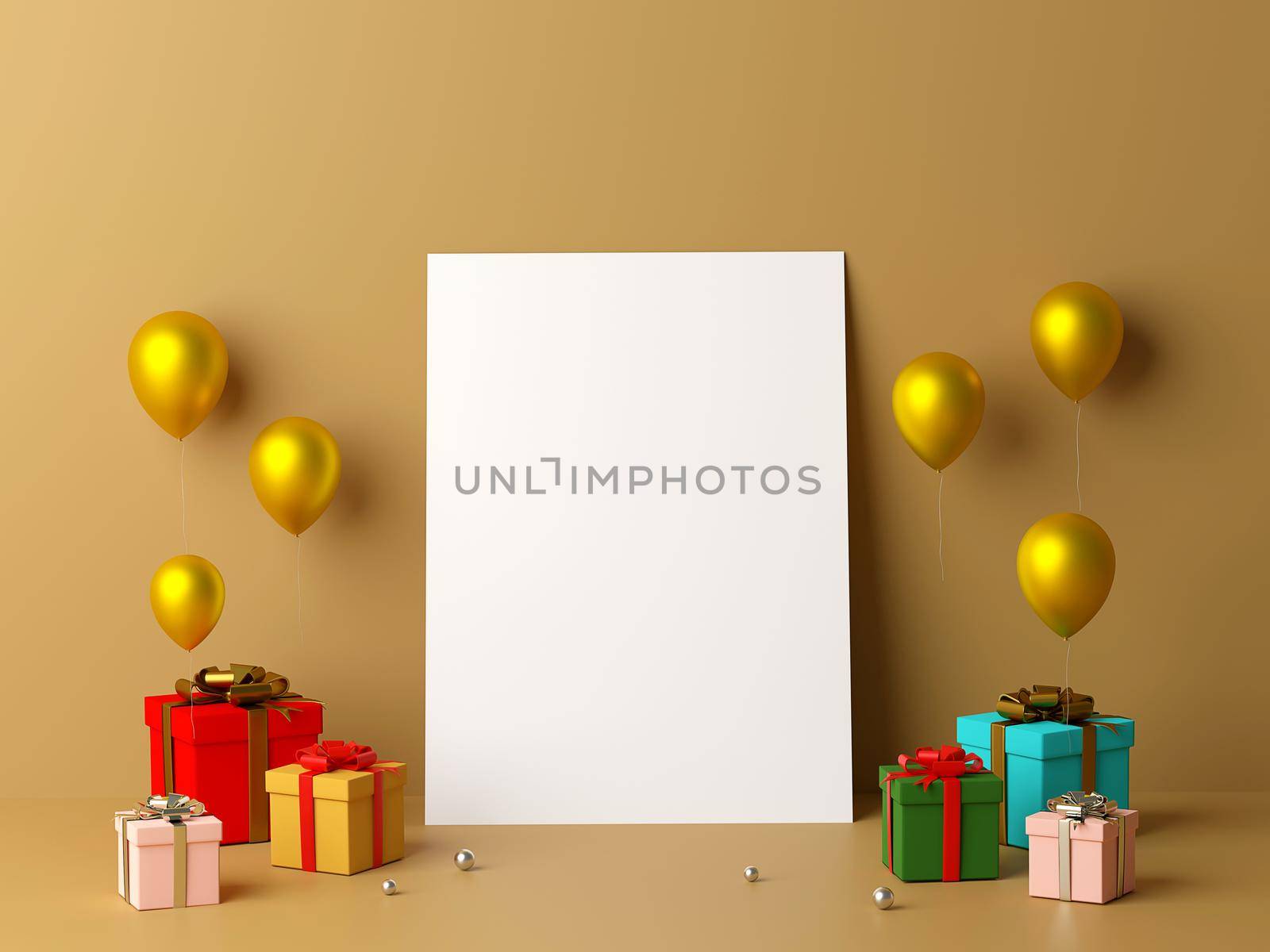 Scene of  blank white paper leaning the wall and gifts, 3d rendering by nutzchotwarut