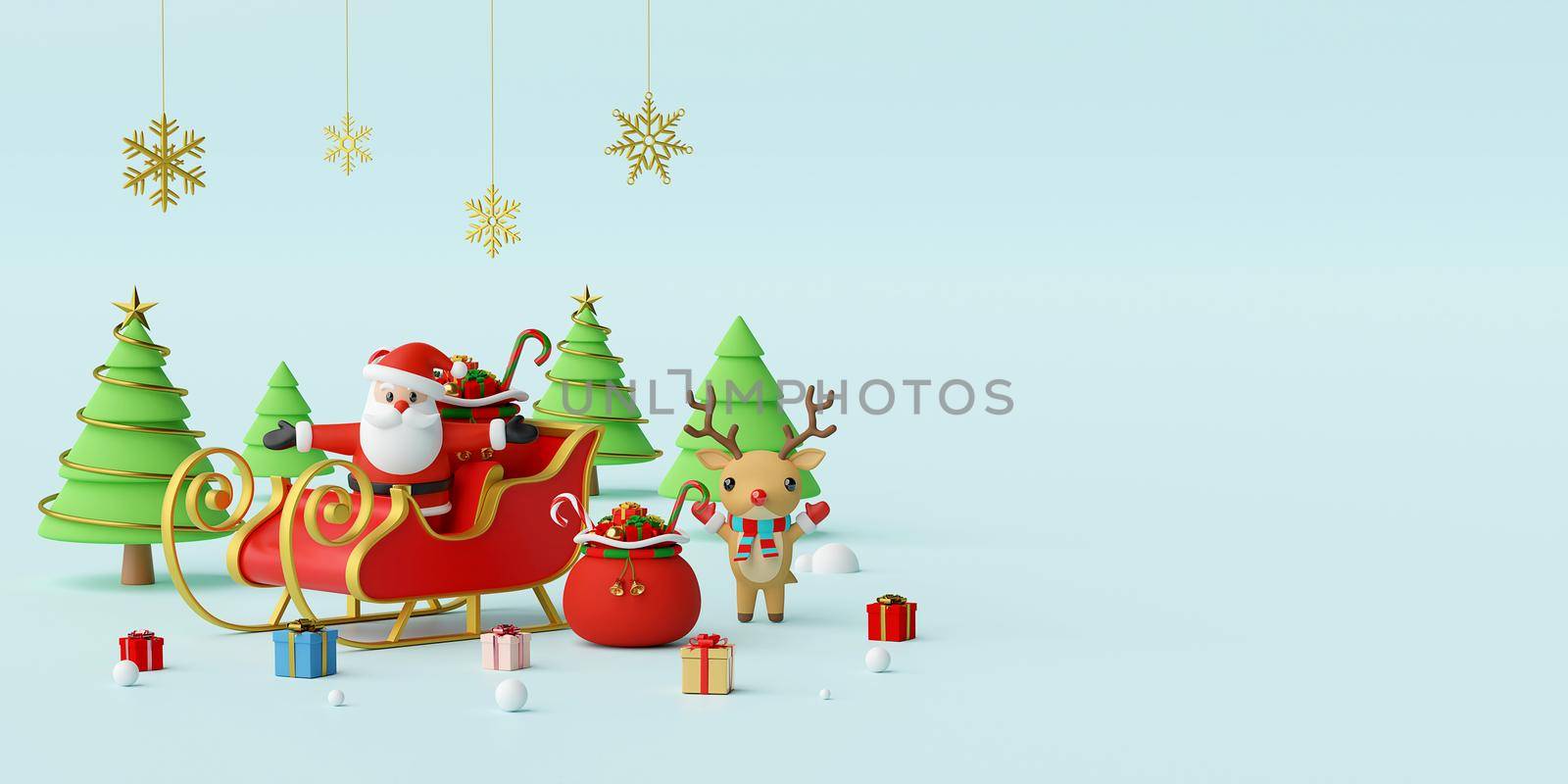 Merry Christmas and Happy New Year, Web banner of Santa Claus on a Sleigh with reindeer and Christmas gifts, 3d rendering