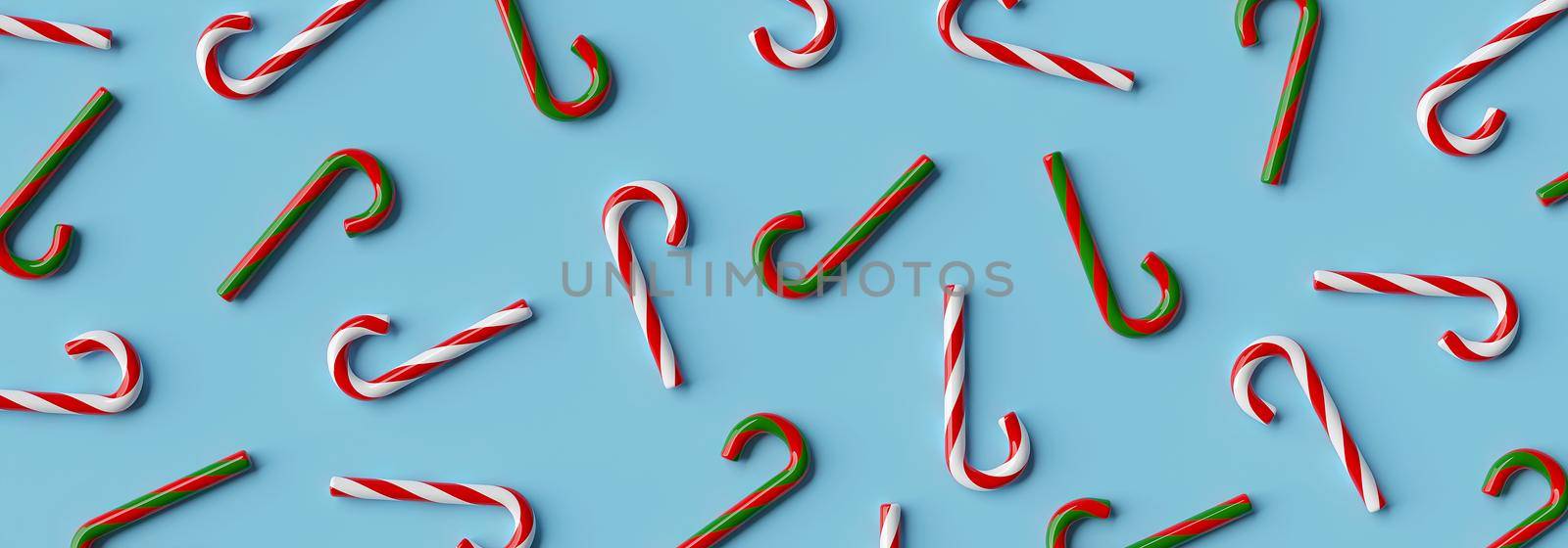 Christmas banner background of Christmas candy cane on a blue background, 3d rendering