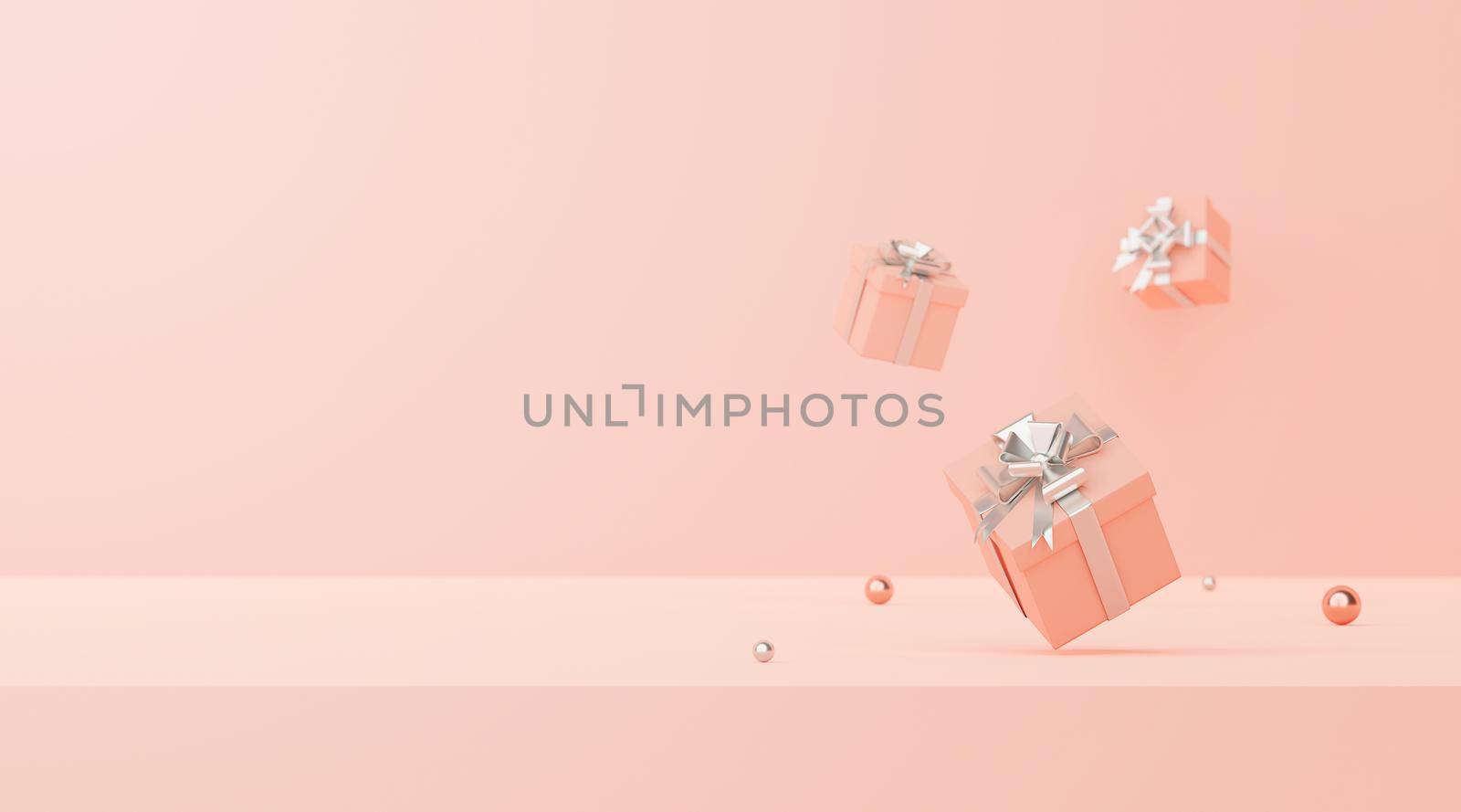 Minimal scene of pastel color gifts box with silver ribbon on a pink background with copy space, 3d rendering
