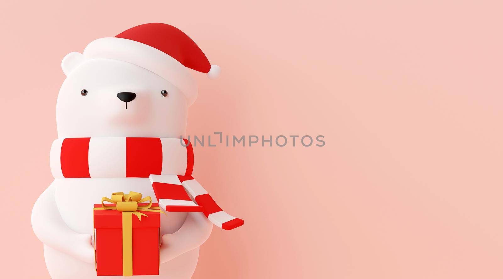 Merry Christmas and Happy New Year, Banner of Christmas character bear wearing red hat and holding Christmas gift on a pink background, 3d rendering