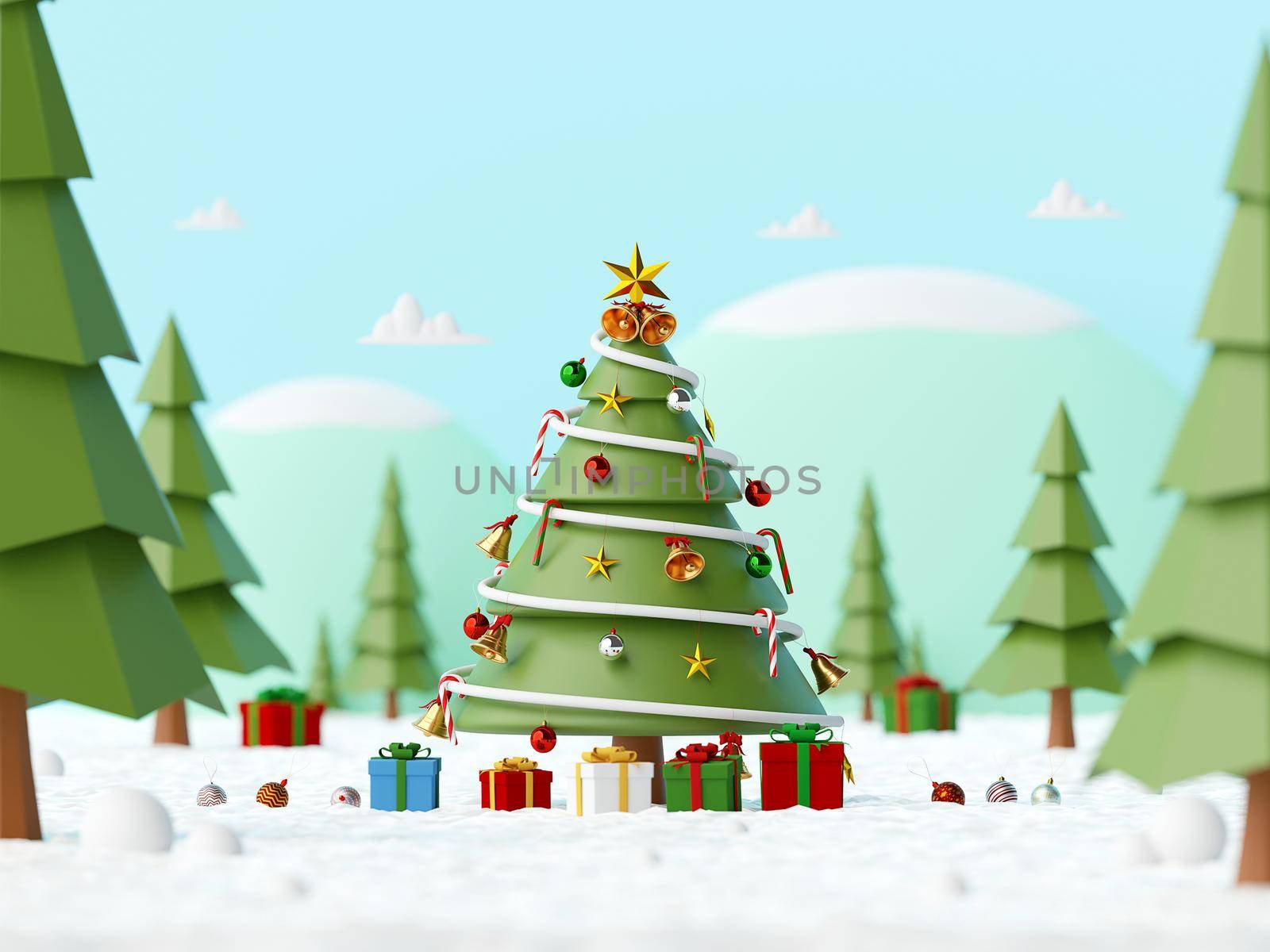 Merry Christmas and Happy New Year, Landscape of Decorated Christmas Tree with gifts on a snowy ground in the forest, 3d rendering by nutzchotwarut
