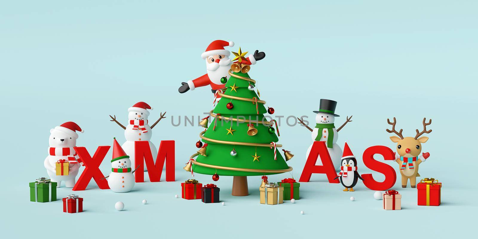 Merry Christmas and Happy New Year, Santa Claus and Christmas character with letters XMAS, 3d rendering
