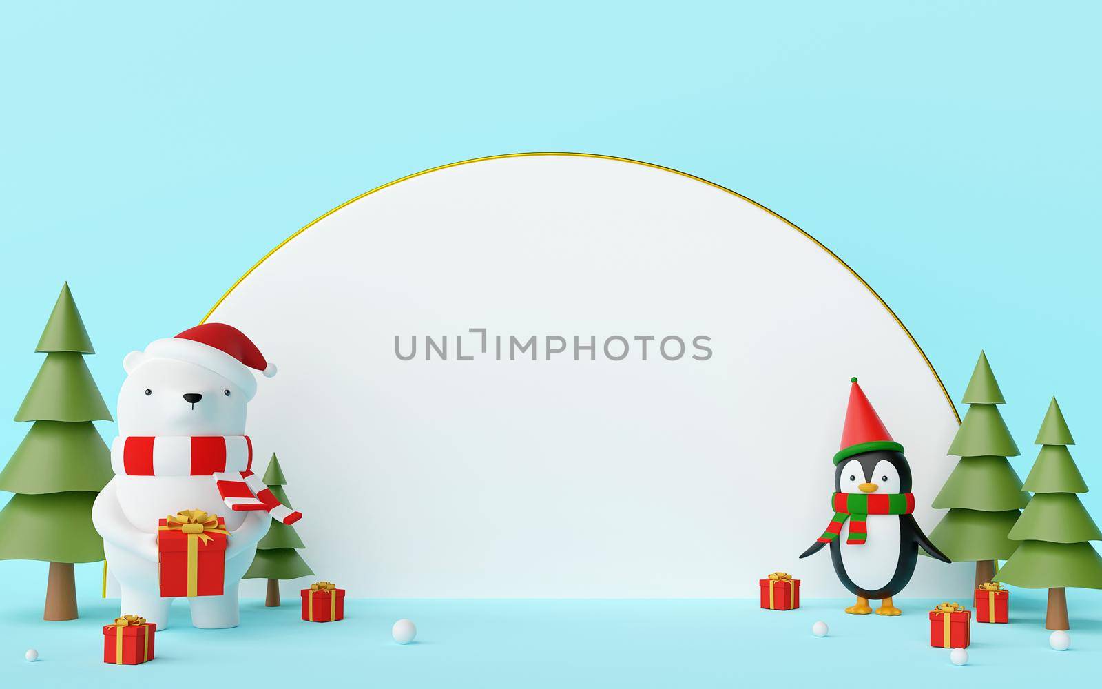 Merry Christmas and Happy New Year, Scene of Christmas character bear and penguin with white blank space on a blue background, 3d rendering