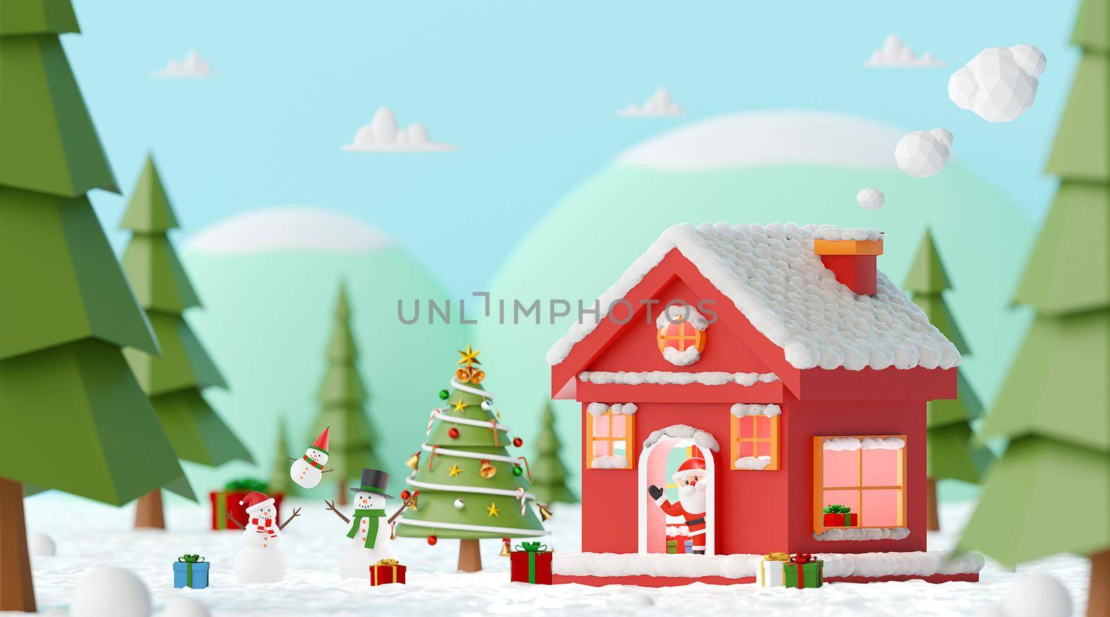 Merry Christmas and Happy New Year, Christmas Party with Santa Claus and Snowman at the red house in a pine forest, 3d rendering by nutzchotwarut