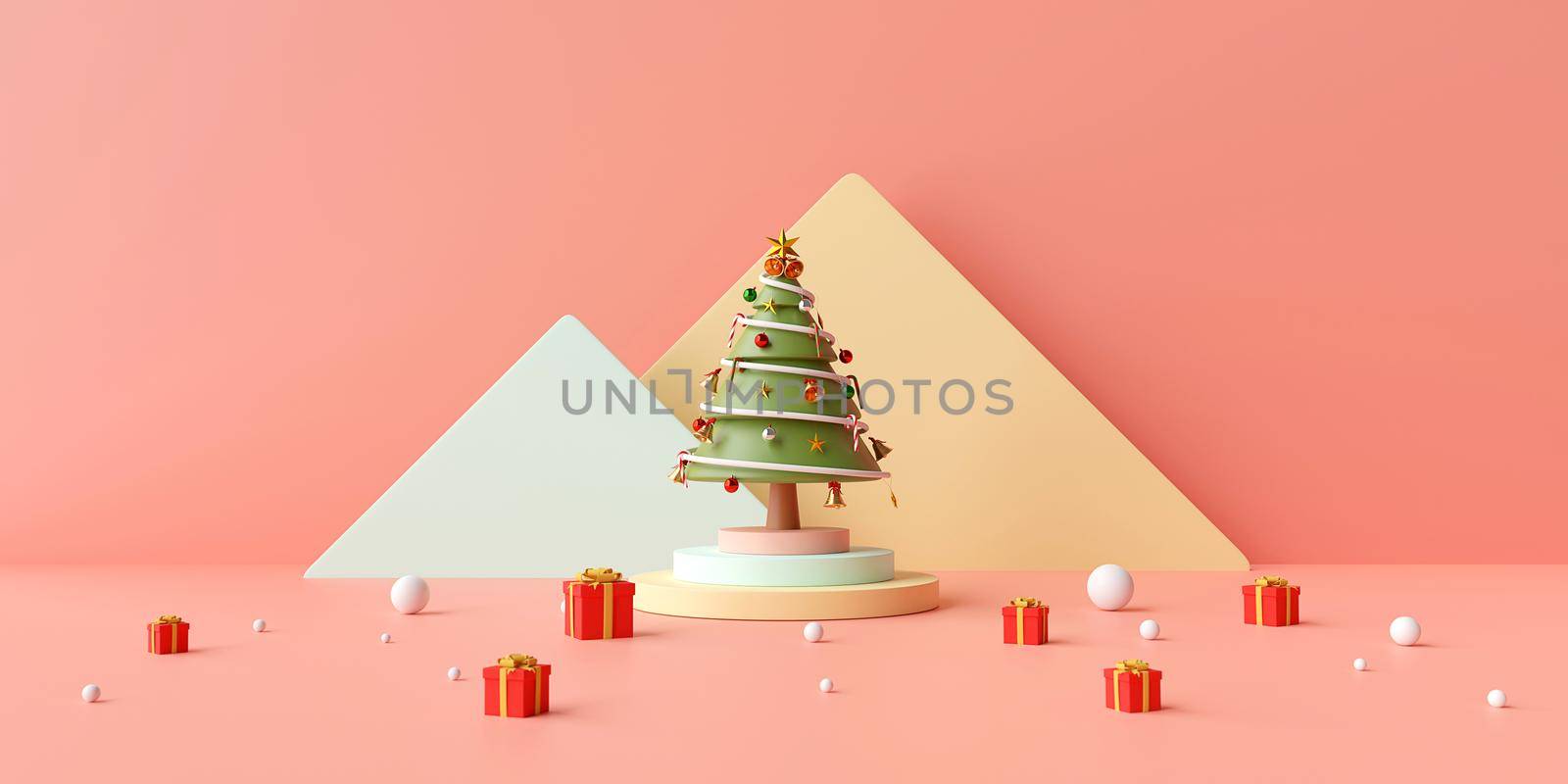Merry Christmas and Happy New Year, Christmas banner of  Christmas tree on podium with Gifts box on a pink background, 3d rendering by nutzchotwarut