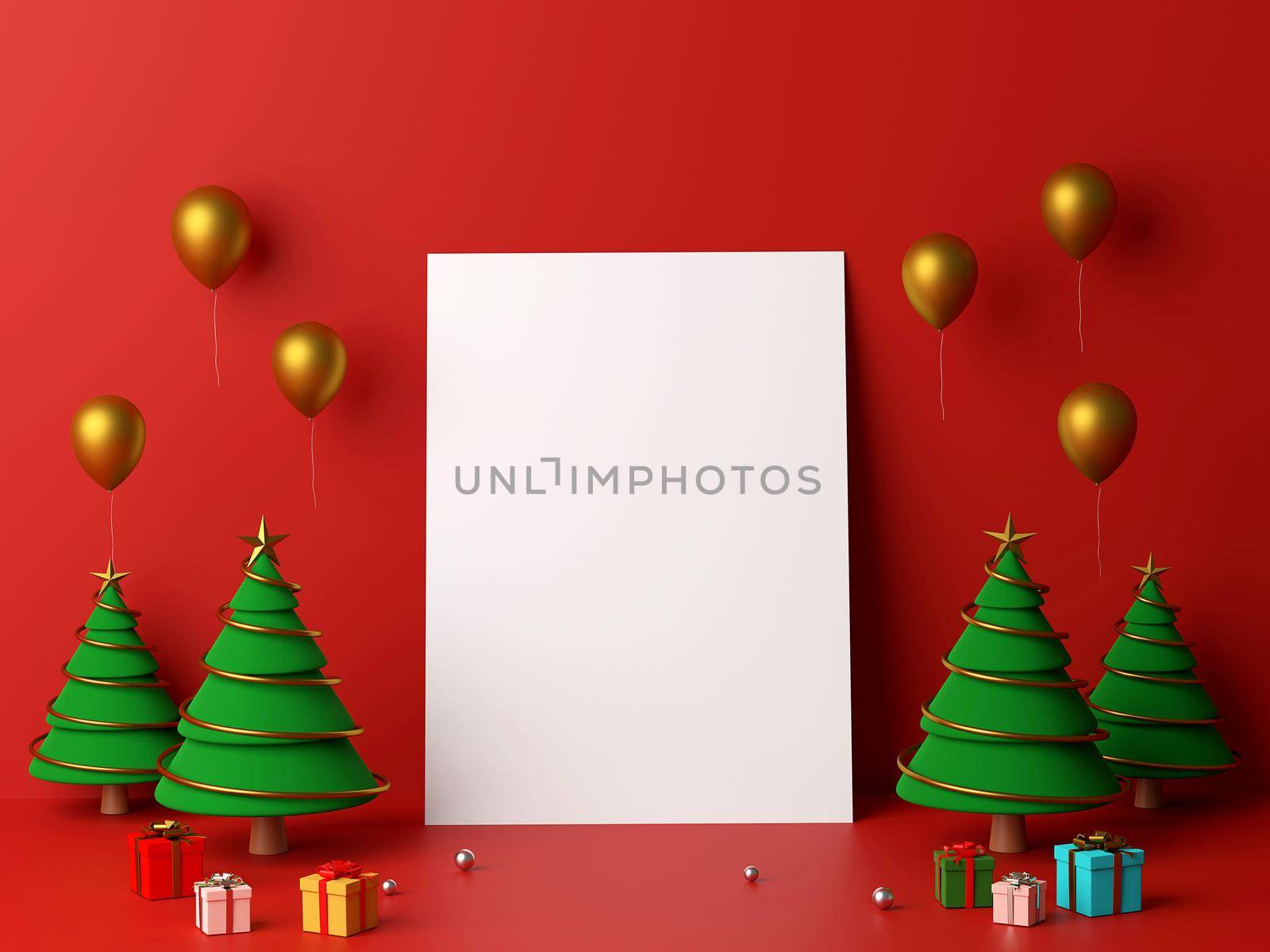 Scene of  blank white paper leaning the wall with Christmas tree, 3d rendering