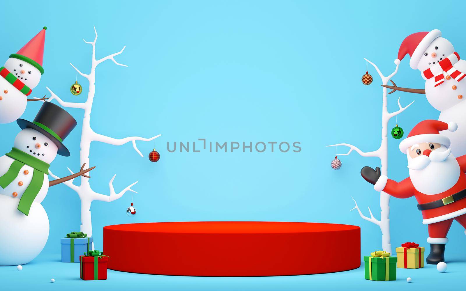 Merry Christmas and Happy New Year, Podium with Santa Claus and Snowman on a blue background, 3d rendering