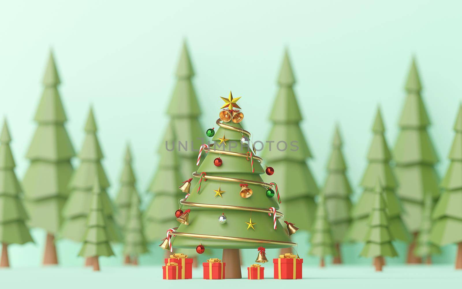 Merry Christmas and Happy New Year, Landscape of Decorated Christmas Tree with gifts in pine forest, 3d rendering by nutzchotwarut