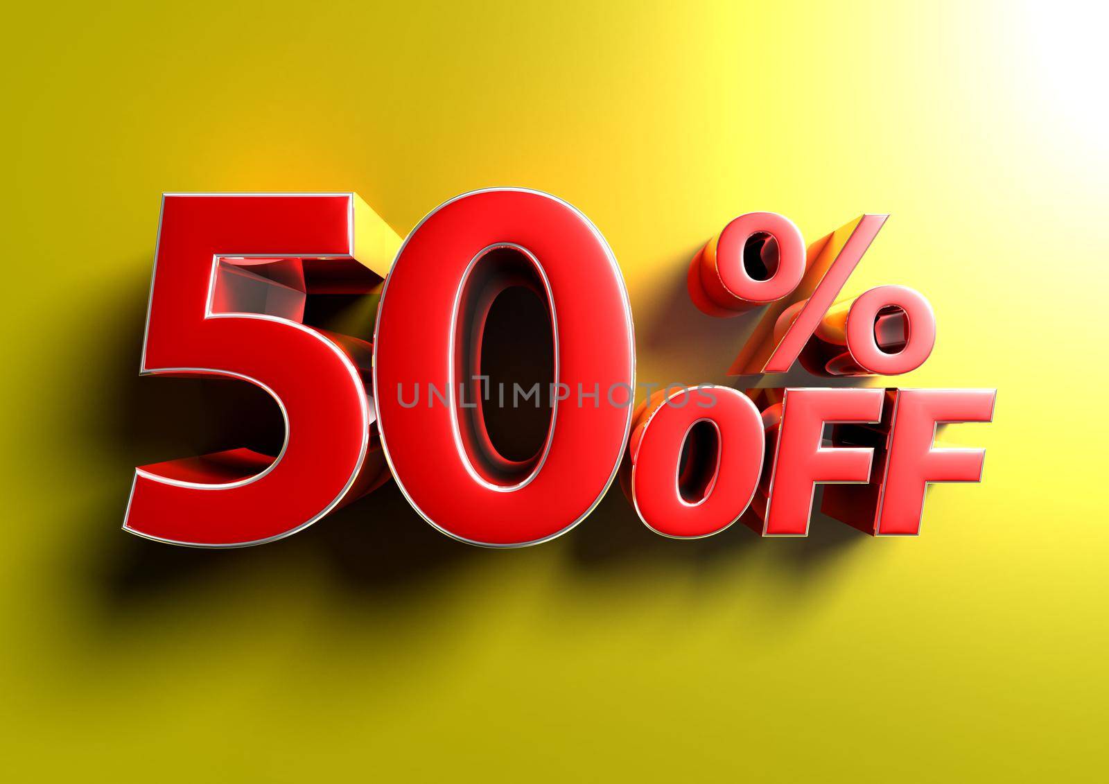 3d render of 50 percent off in yellow background.