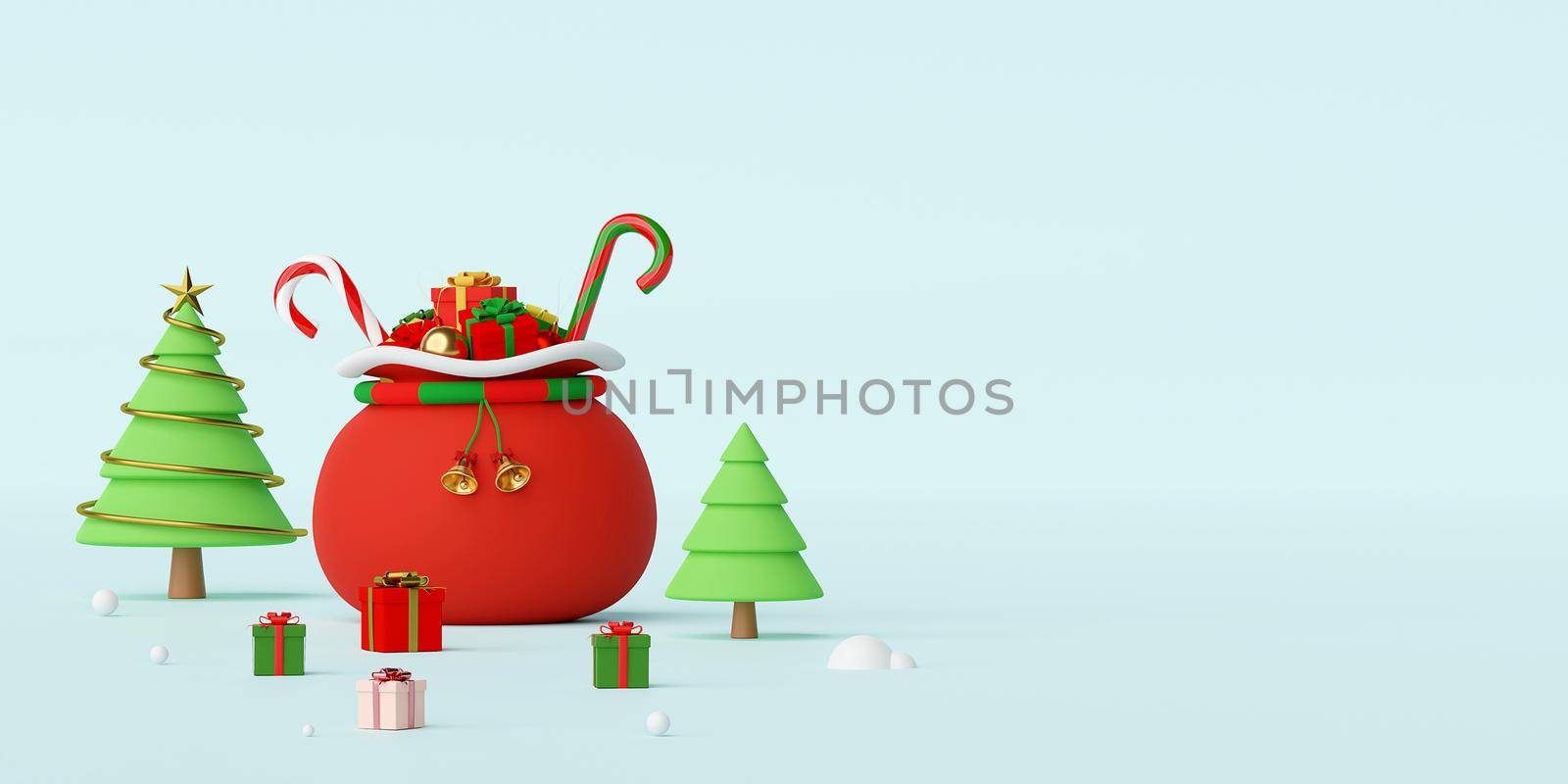 Merry Christmas and Happy New Year, Banner of Christmas bag full of Christmas gifts on a blue background, 3d rendering