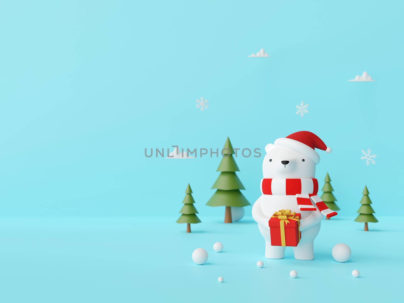 Merry Christmas and Happy New Year, Scene of Christmas Bear holding gift on a blue background, 3d rendering by nutzchotwarut