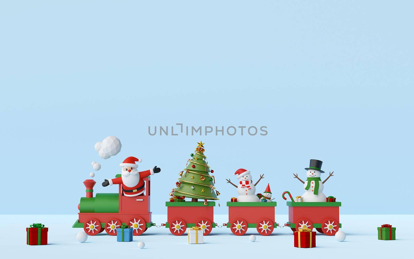 Merry Christmas and Happy New Year, Santa Claus and Snowman on Christmas train with gifts on a blue background with copy space, 3d rendering by nutzchotwarut