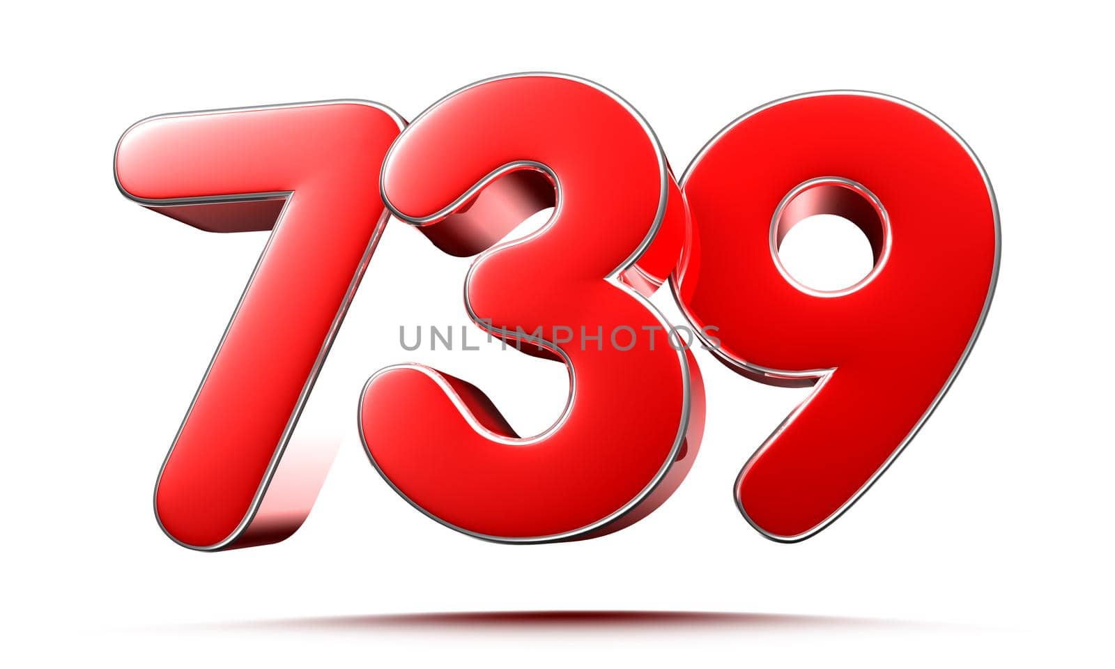 Rounded red numbers 739 on white background 3D illustration with clipping path