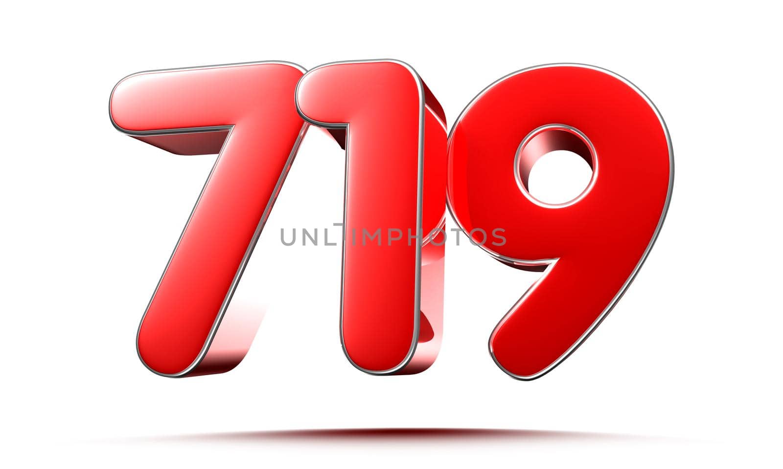 Rounded red numbers 719 on white background 3D illustration with clipping path