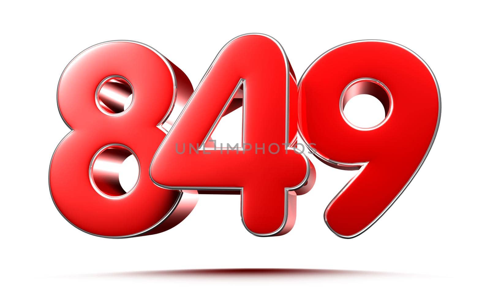 Rounded red numbers 849 on white background 3D illustration with clipping path