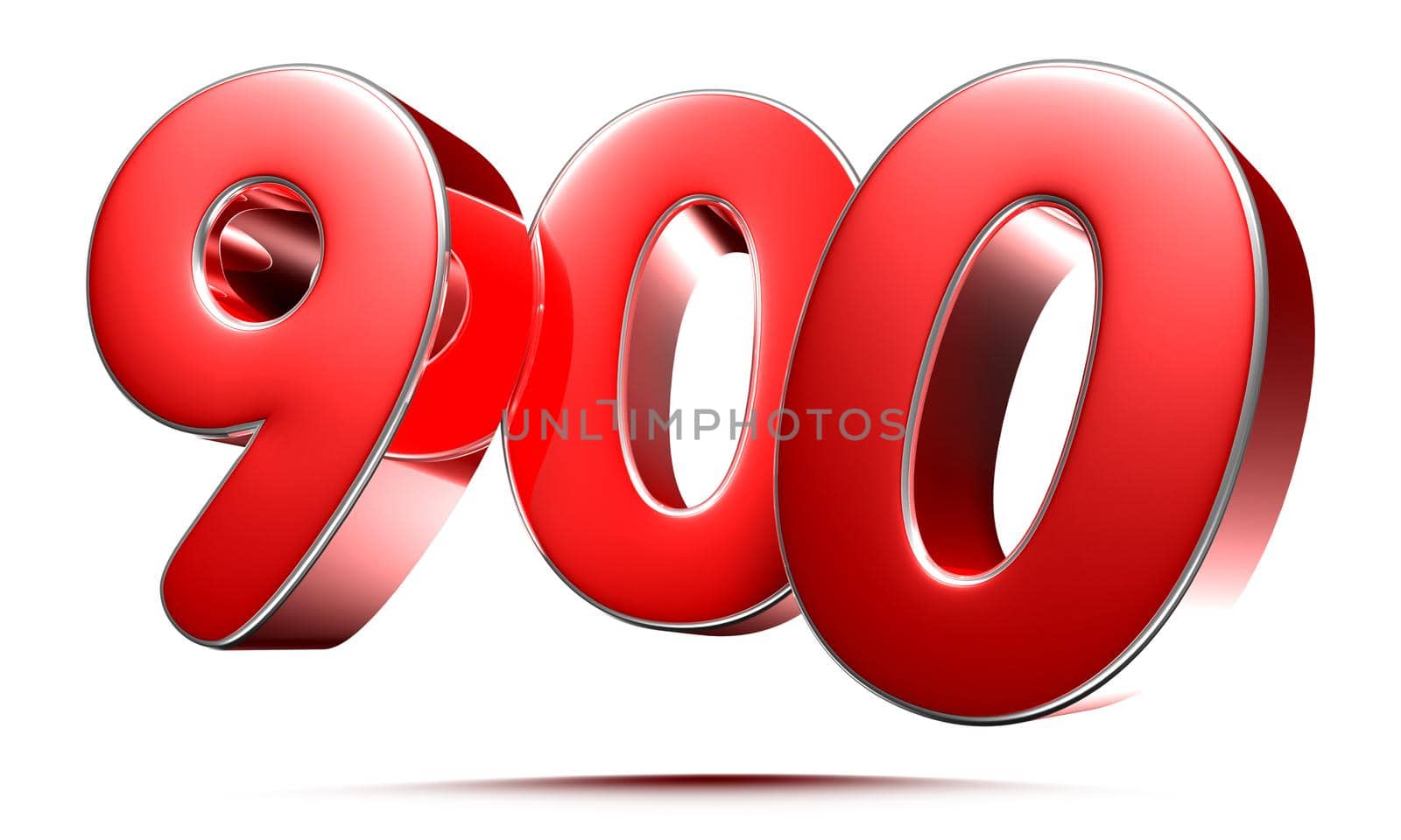 Rounded red numbers 900 on white background 3D illustration with clipping path