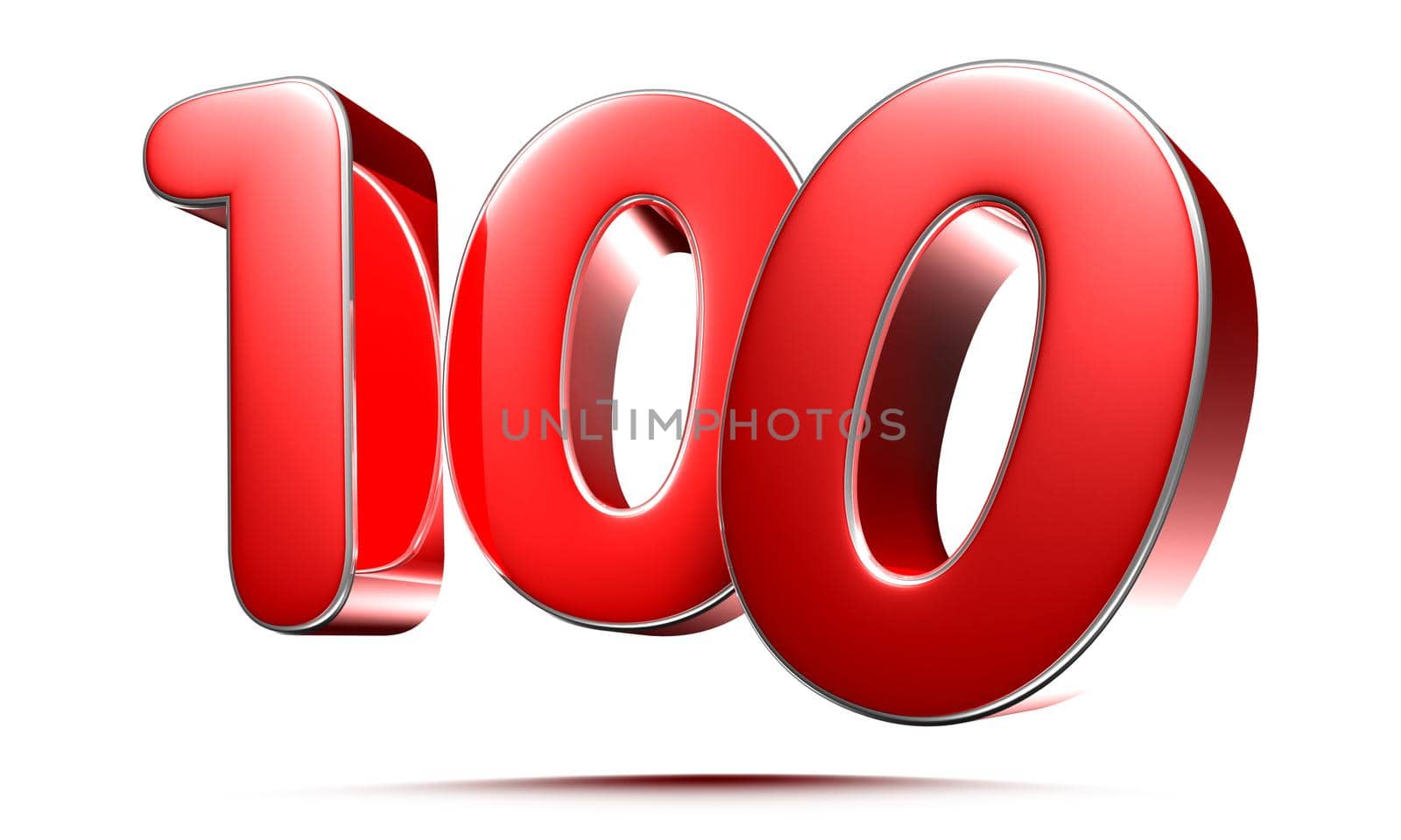 Rounded red numbers 100 on white background 3D illustration with clipping path