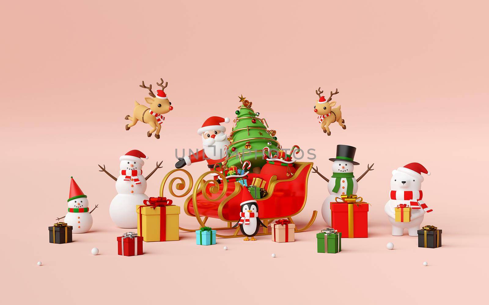 Merry Christmas and Happy New Year, Scene of Christmas celebration with Santa Claus and friends, 3d rendering by nutzchotwarut