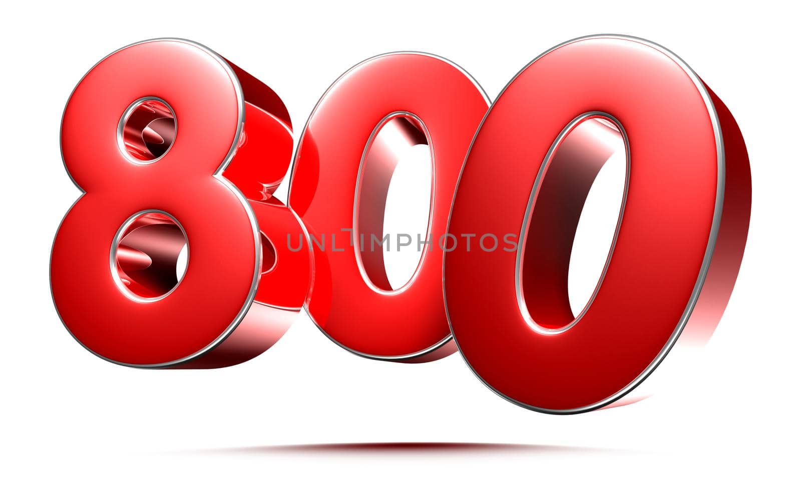 Rounded red numbers 800 on white background 3D illustration with clipping path