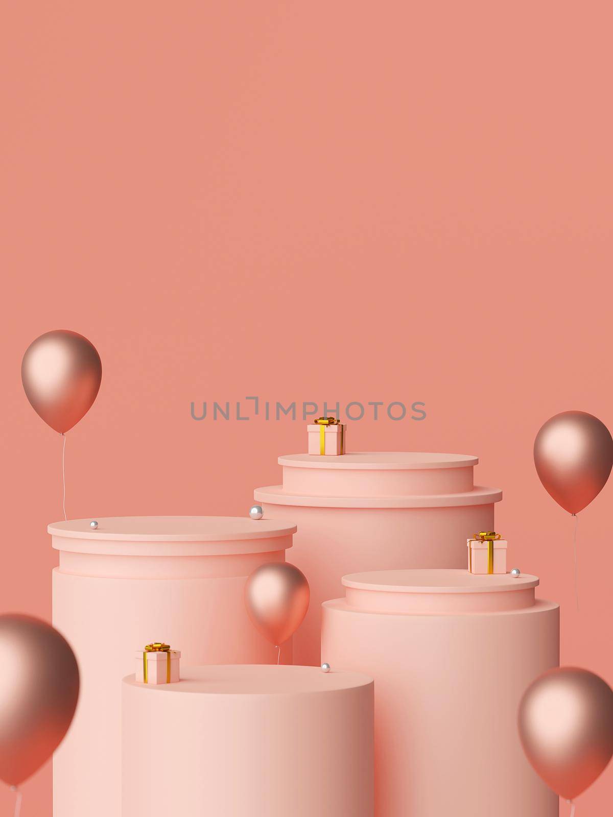 Merry Christmas and Happy New Year, Scene of Christmas podium and gifts with balloon, 3d rendering by nutzchotwarut