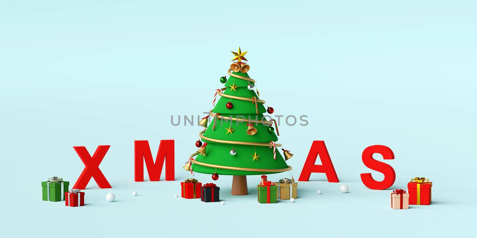 Merry Christmas and Happy New Year, Christmas tree with letters XMAS, 3d rendering
