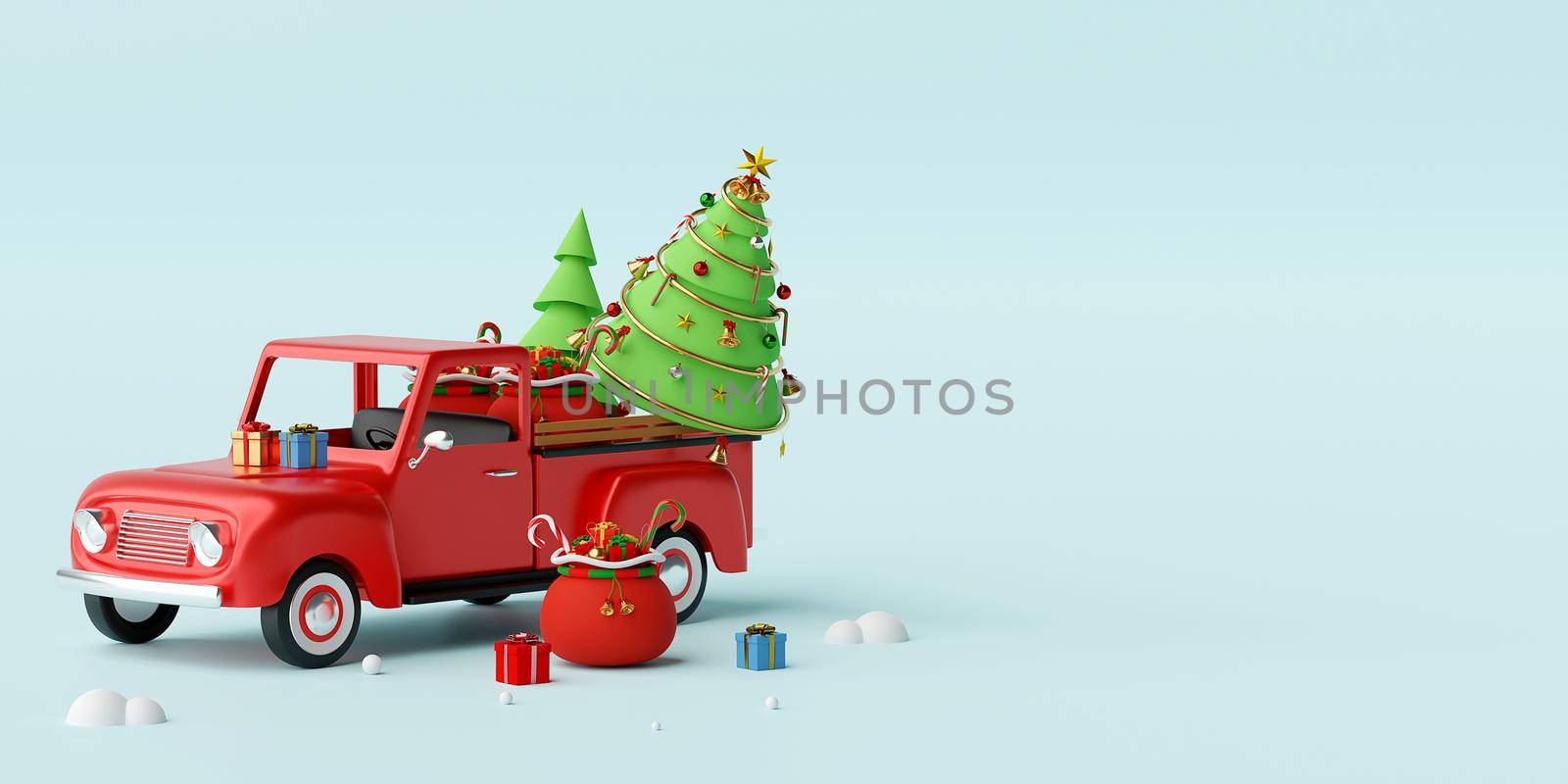 Merry Christmas and Happy New Year,Christmas truck full of Christmas gifts and Christmas tree behind the truck, 3d rendering by nutzchotwarut